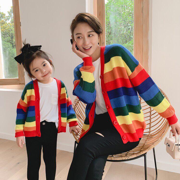 Net red yang pie age - reduced rainbow striped knitting sweater child 2021 Spring and Autumn high - end parent and daughter girl dress