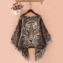 Womens shawl cape coat tassel tiger head pattern scarf dual-use autumn and winter womens shiny sweater outside