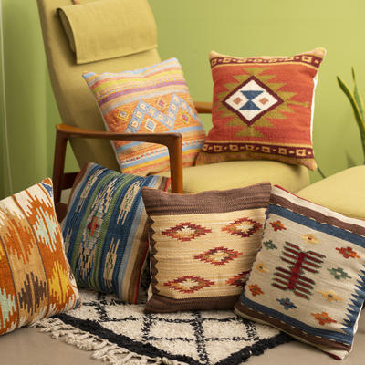 PentFair Indian imported handcrafted wool cushions, Bohemian ethnic colorful kilim plain woven throw pillows