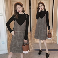 Phụ nữ mang bầu mùa thu phù hợp với mẫu thời trang 2018 áo thun dài tay mới + váy kẻ sọc dây váy mẹ mùa thu đồ bầu mùa đông