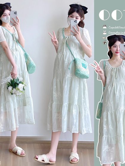 孕妇装夏装小清新绣花短袖连衣裙2025新款孕妇裙夏季甜美减龄裙子