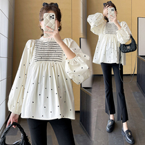 Maternity clothing spring clothing fashionable and sweet age-reducing long-sleeved tops loose large size babydoll shirts spring printed T-shirts for trendy moms