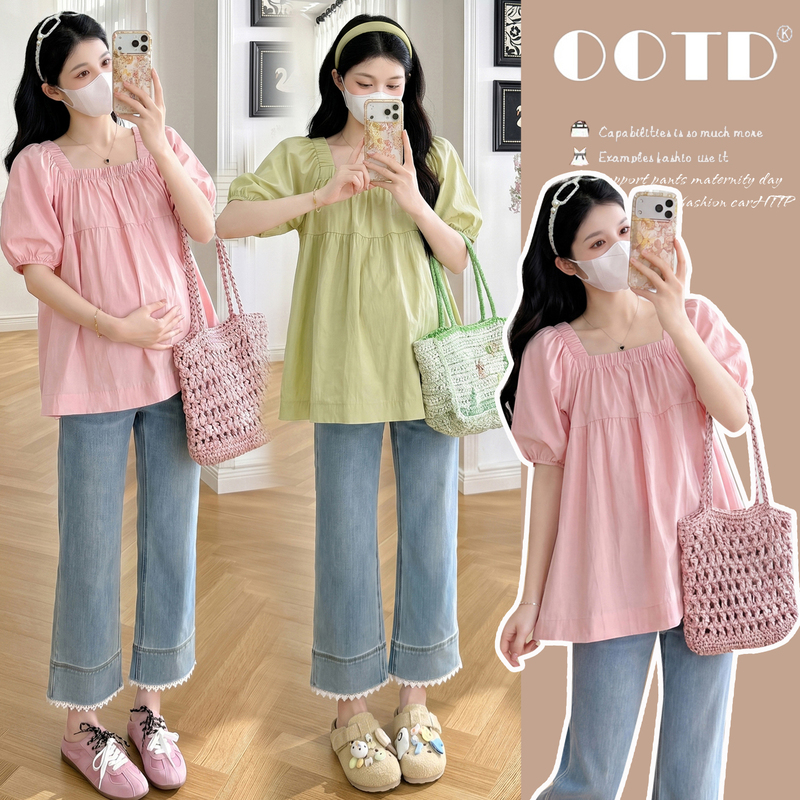 Maternity Wear Summer Wear Simple Casual Short-Sleeved Square-Neck Top 2026 New Maternity Babydoll Shirt Summer Pregnancy Clothes