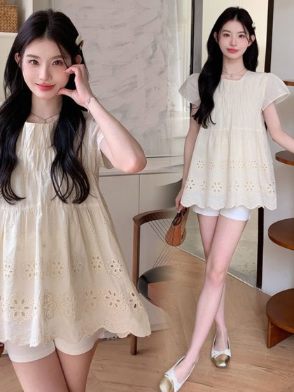 孕妇装夏装甜美绣花短袖上衣时尚夏季怀孕娃娃衫简约休闲衣服潮妈