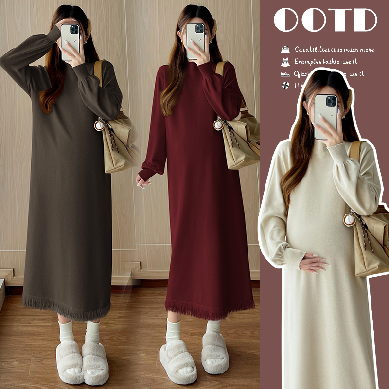 Maternity Wear, Autumn and Winter Long-Sleeved Knitted Nursing Dress, Fashionable, Simple and Casual Skirt, Autumn Wear, Versatile Maternity Skirt