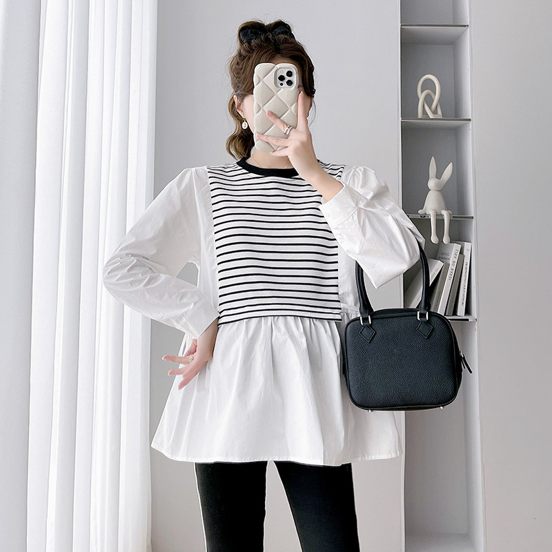 Pregnancy Woman Clothing Autumn Clothing Fashion Splicing Stripe Long Sleeve Blouse Blouse Spring Autumn Fake Two Pregnancy Shirts Loose Doll Shirts Autumn-Taobao