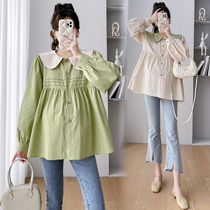 Maternity wear spring fashion contrasting color doll collar long-sleeved shirt loose large size babydoll shirt spring Korean style top spring