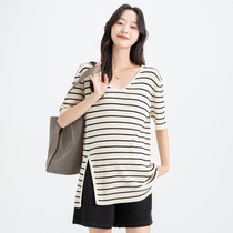 Maternity summer wear ice silk knitted short-sleeved striped top 2024 new Korean style pregnancy T-shirt summer base shirt