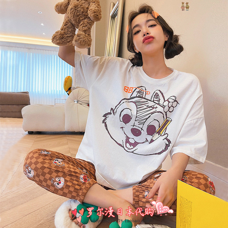 Soft Honeys Loose Cute Cartoon Squirrel Spring Summer Season New Short Sleeves Pure Cotton Pyjamas Women's Home Clothes