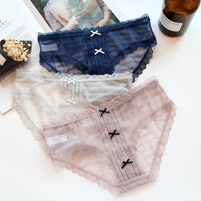 Japanese GP sweet little sexy panties women's autumn and winter lace mesh translucent bow low waist briefs