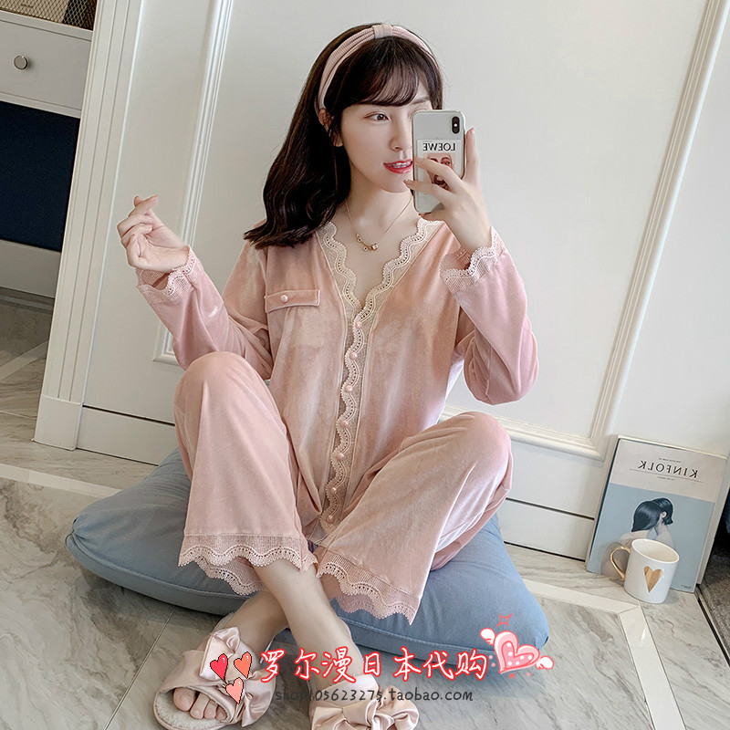 Japanese soft honeys golden velvet pyjamas women's autumn and winter lace two sets of princess homes for spring and autumn