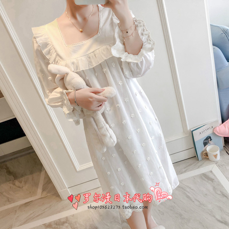 Japan soft honey embroidered sleeping dress female spring and autumn cotton embroidered lace pajamas home suit
