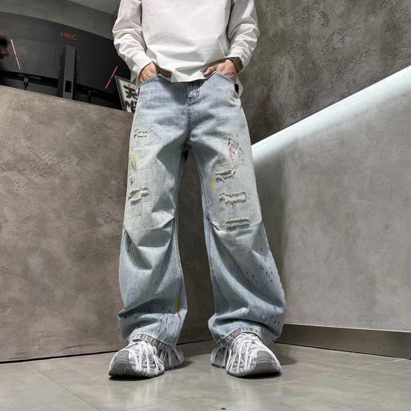 2026 Ripped Jeans American Style Straight Loose High Street Washed Vintage Design Graffiti Vibrant Style Men's Pants
