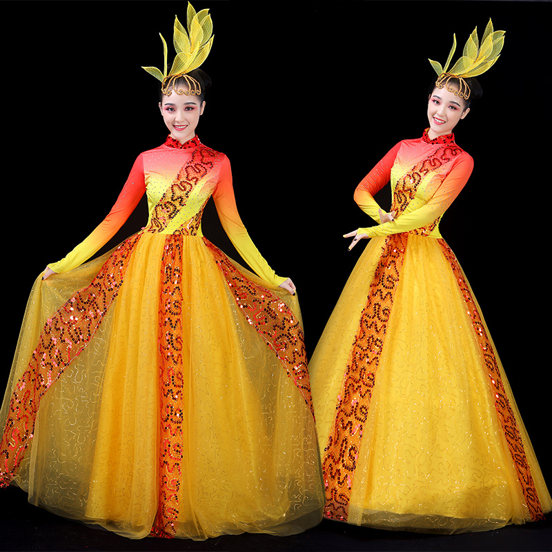 Chinese Folk Dance Costume Opening Dance Skirt Atmospheric Stage Costume with Long Skirt Modern Dance Costume Adult Female