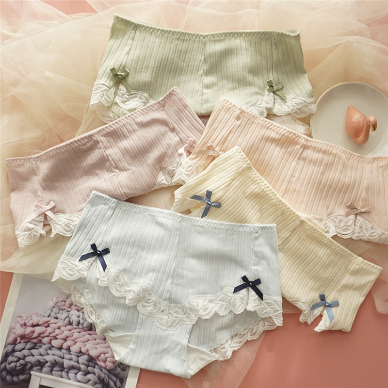 Japanese girl mid-waist lace panties cute bow cotton fabric breathable antibacterial cotton briefs