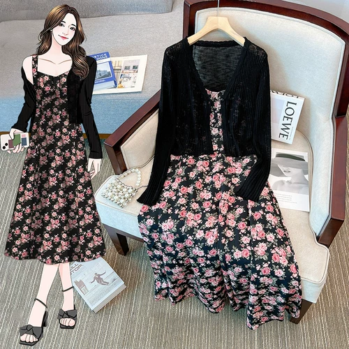 Летняя одежда, комплект, платье, юбка, платье-комбинация, кардиган, большой размер, подходит для полных девушек, французский стиль, в цветочек