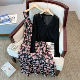 Летняя одежда, комплект, платье, юбка, платье-комбинация, кардиган, большой размер, подходит для полных девушек, французский стиль, в цветочек