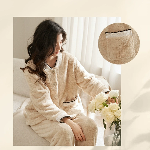 Демисезонная коралловая пижама, фланелевый бархатный комплект, 2025 года, V-образный вырез, изысканный стиль