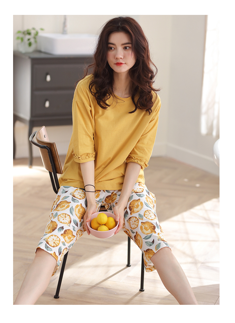 Bộ đồ ngủ mùa hè dành cho nữ Bộ đồ cotton tay áo crop top Quần hai mảnh mùa hè mỏng tay áo ngắn mặc ở nhà kiểu áo đồ bộ