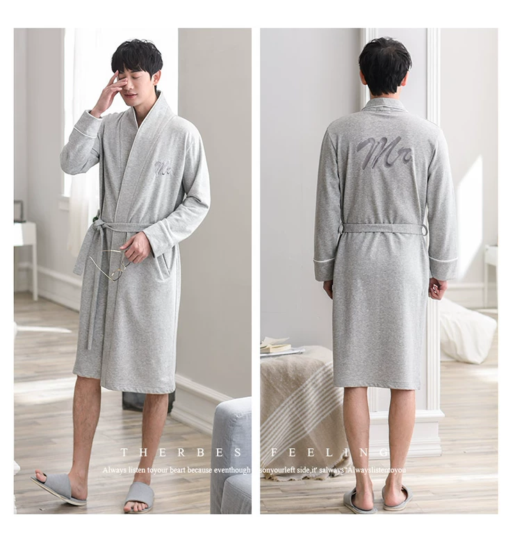 Áo ngủ cotton đôi mùa xuân và mùa thu mỏng tay dài đồ ngủ phụ nữ dài áo choàng tắm cotton đơn giản mùa thu áo choàng nam