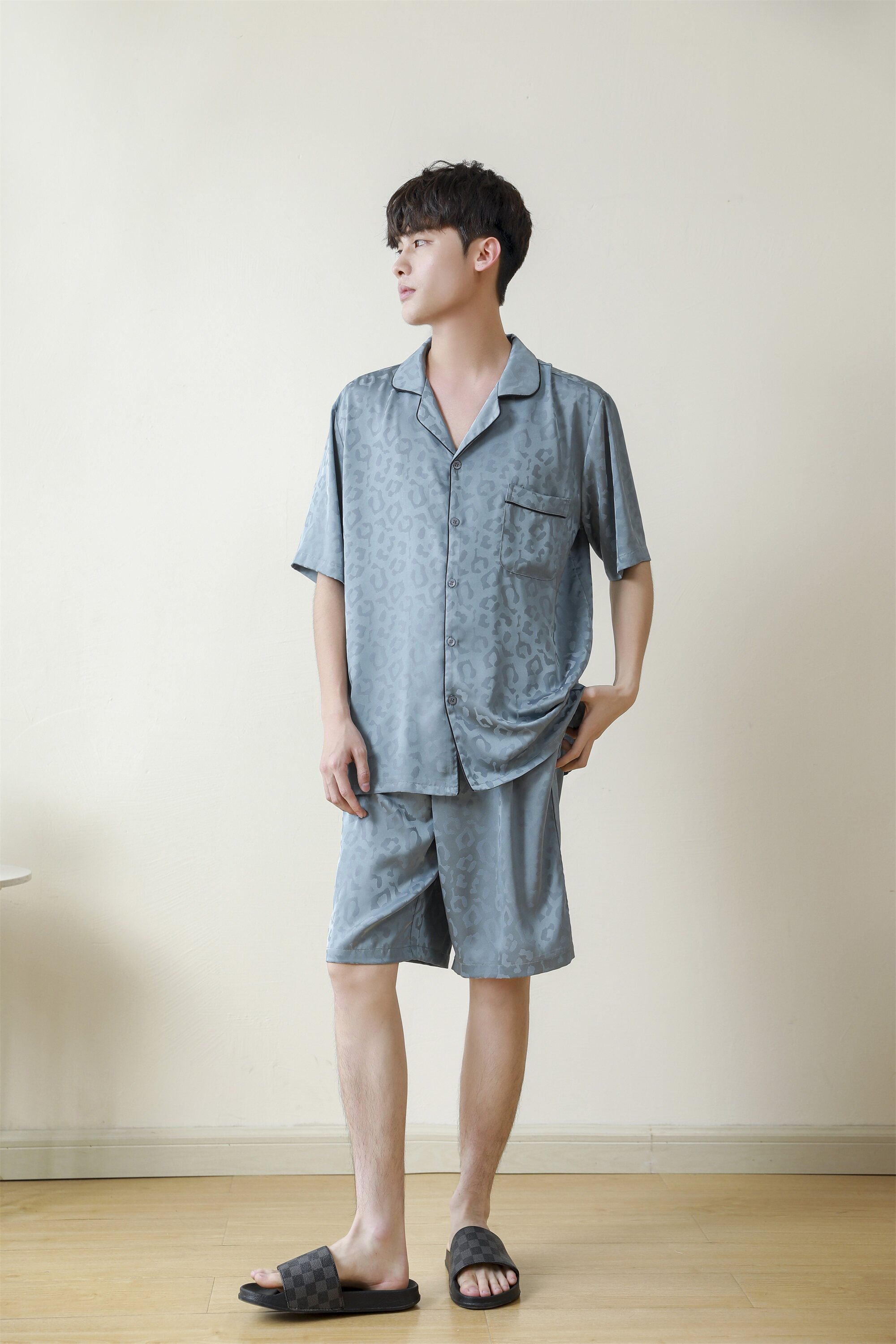 Летняя шелковая пижама, комплект, для влюбленных, короткий рукав 