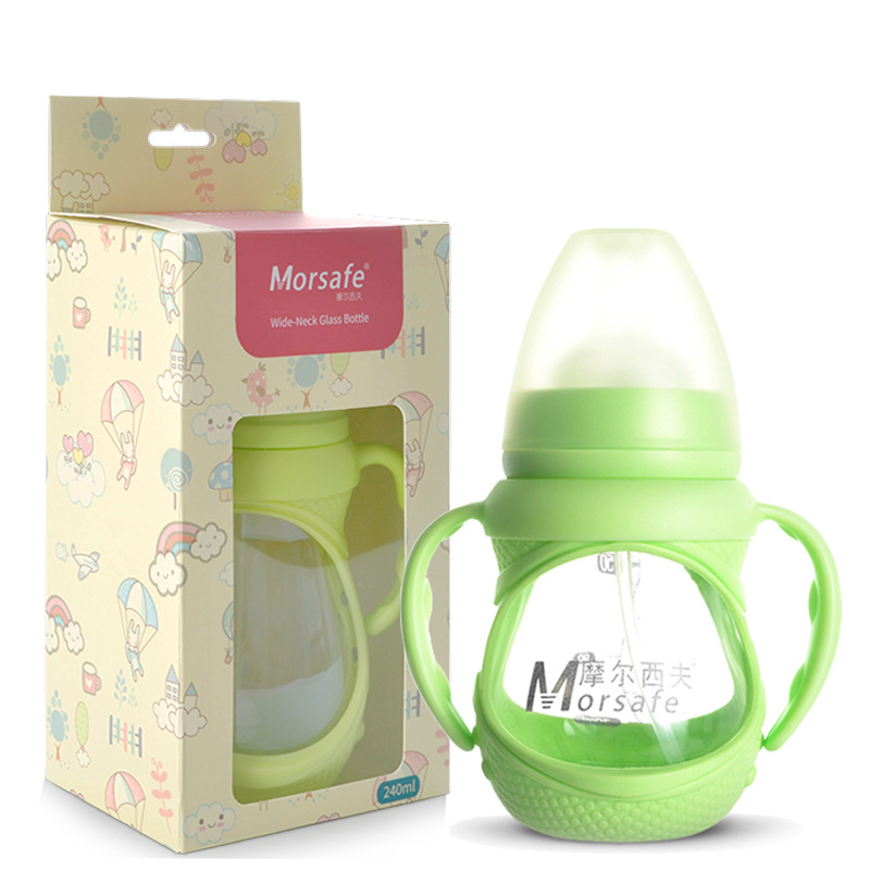 Molsif baby glass bottle-bottle wide calibre with handle straw baby feeding anti-fall silicone gum cover-Taobao