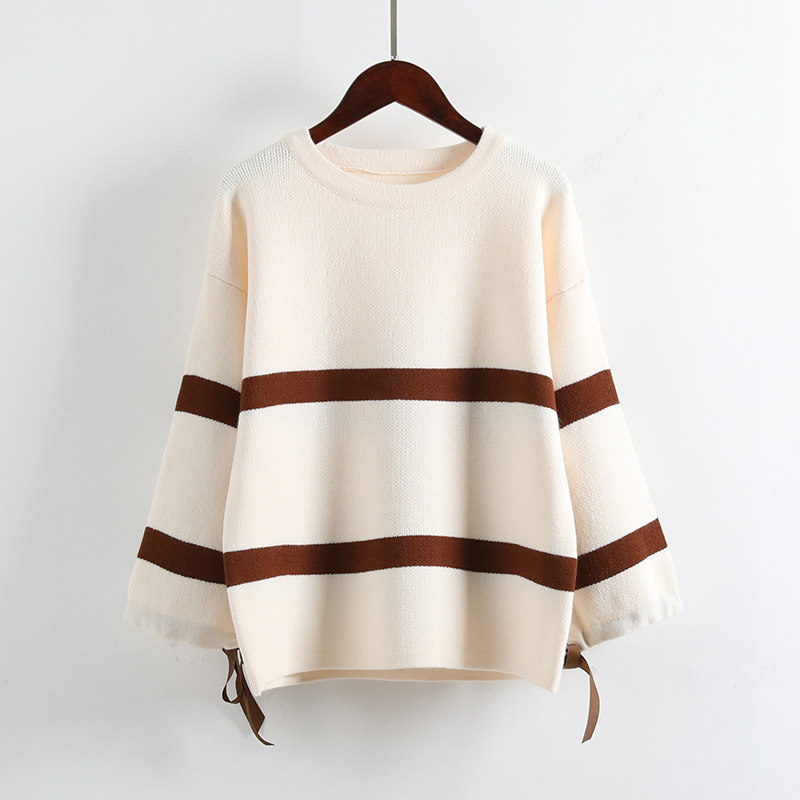 Sọc thời trang áo len nữ triều Hàn Quốc phiên bản 2018 new loose tie mùa xuân và mùa thu đơn giản vòng cổ áo thun đan áo khoác