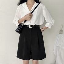 Black high waist slim suit shorts Women summer thin loose harbor wind a neutral casual wide leg pants Spring