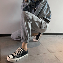 Grey sports pants female loose bunches high waist display slim autumn winter plus suede thickened handsome gas workout pants-ins tide