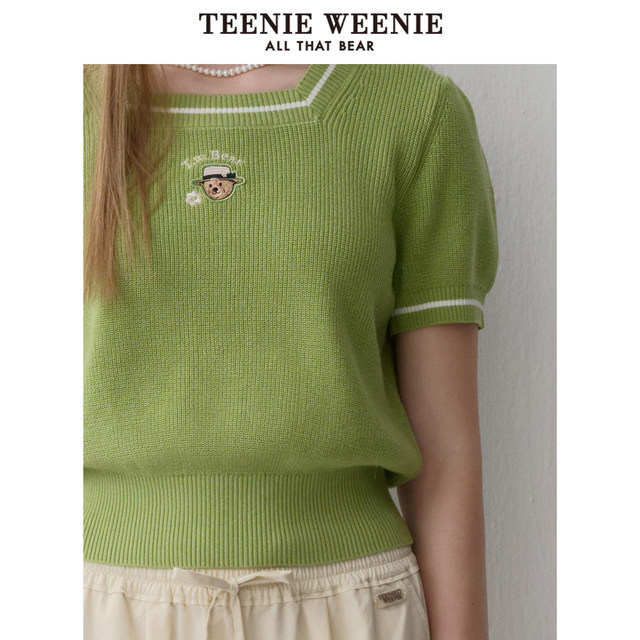 TeenieWeenie Bear 2024 Summer New Square Neck Knitted Short Sleeve Dopamine Mambo Green ພາກບາງ