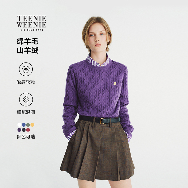 Teenieweenie Bear Sweater Women's Sheep Wool Cashmere 26 Autumn Retro Cable Knit Round Neck Pullover Knitwear