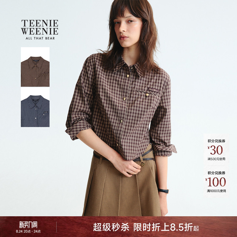 Teenieweenie Bear Girl Spring and Autumn Stylish Workwear Pleated Miu Style Short Plaid Shirt
