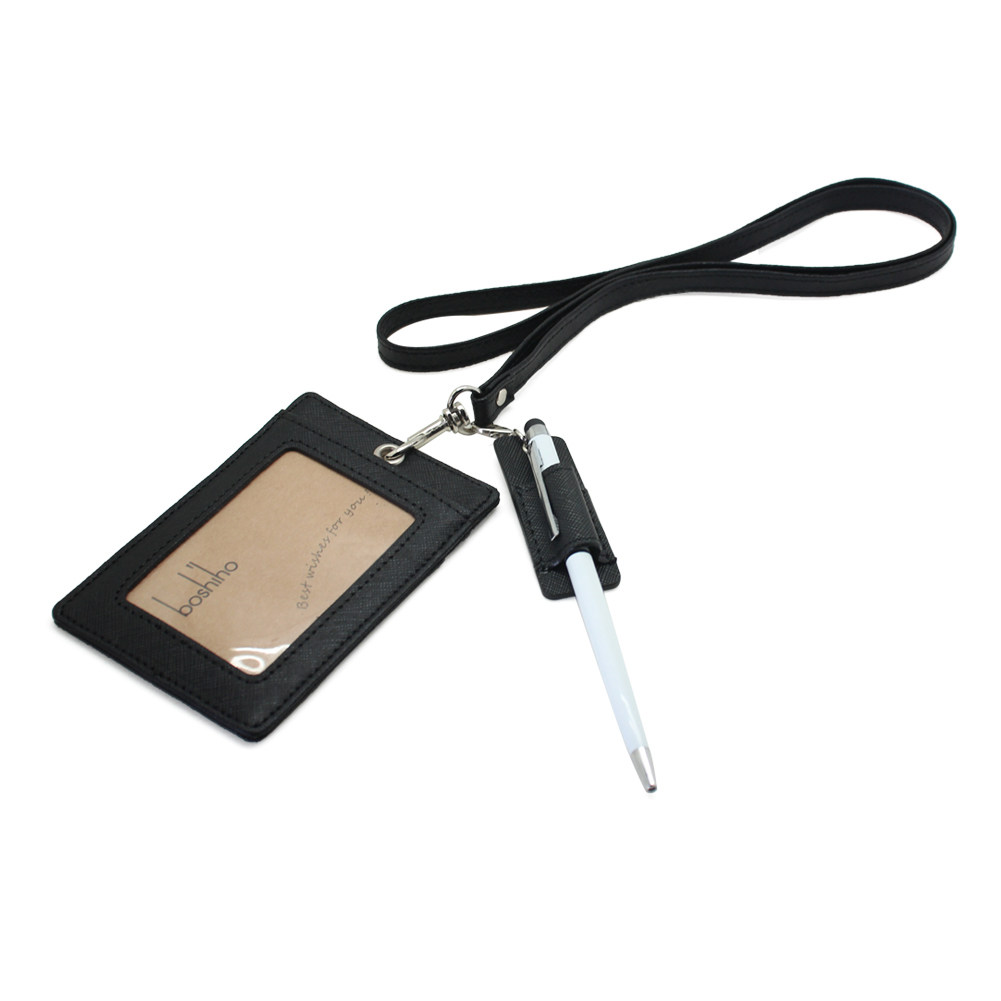 Real Cow Leather Wear Resistant Sleeve Work Card With Pen Cap Leather Hanging Rope Work Certificate Chest Card Office Supplies Card Cover Print LOGO