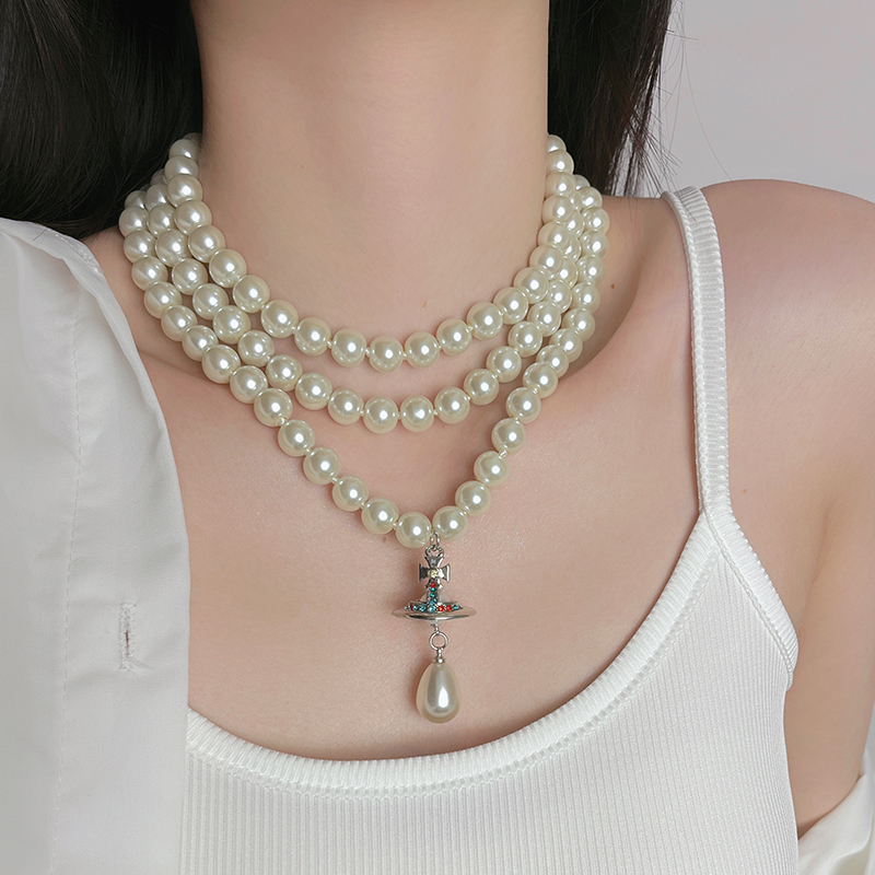 Vivienne Vivian Queen Mother Three-Dimensional Saturn Three-Layer Pearl Necklace High-End Version Water Drop Pendant Clavicle Chain