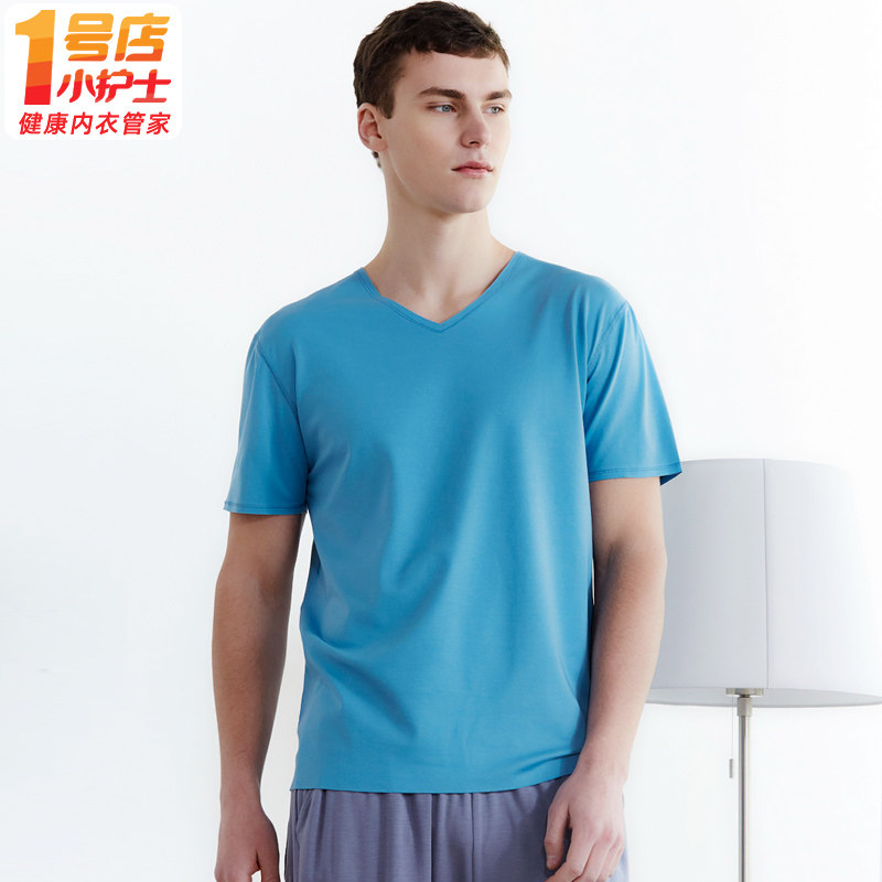 Small Nurse Mulberry Silk Cotton Short Sleeve Men Thin section No-scratched half-sleeve T-shirt loose increase code V collar bottom-shirt blouse