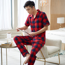 Mens Sleepwear Summer Pure Cotton Short Sleeve Long Pants Thin spring autumn red 2022 New plaid home suit suit