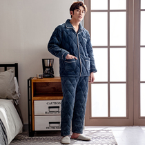 Mens pajamas Autumn and winter thickened velvet coral velvet three-layer warm padded flannel solid color home clothing set