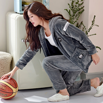 Coral velvet pajamas womens spring and autumn and winter thickened velvet with a hat flannel zipper can be worn outside the home suit set