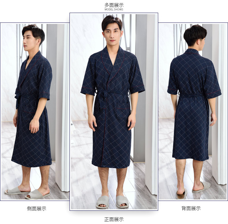 Áo ngủ nam mùa hè ngắn tay áo cotton mùa xuân và mùa thu Áo choàng mỏng kẻ sọc dài Áo choàng tắm Nhật Bản mùa hè Bộ đồ ngủ Xiêm quần áo ngủ