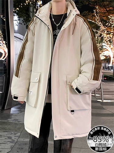 Зимний длинный пуховик для мальчиков с капюшоном, бархатная куртка, средней длины, подходит для подростков, большой размер, утиный пух, оверсайз