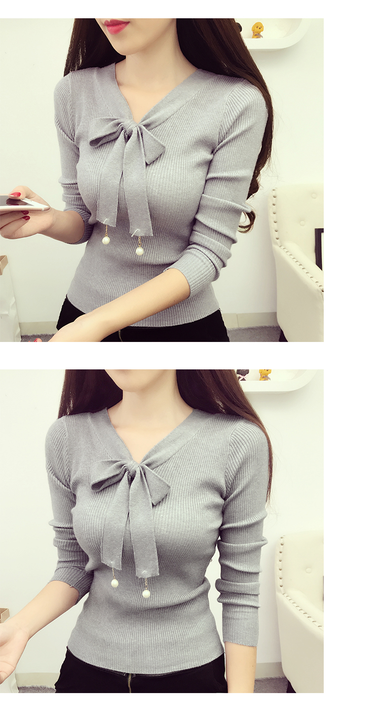 Phiên bản Hàn Quốc của áo mới thắt nơ mới đính cườm cổ chữ V dài tay áo len nữ dáng lửng áo len mỏng mùa đông cardigan nam