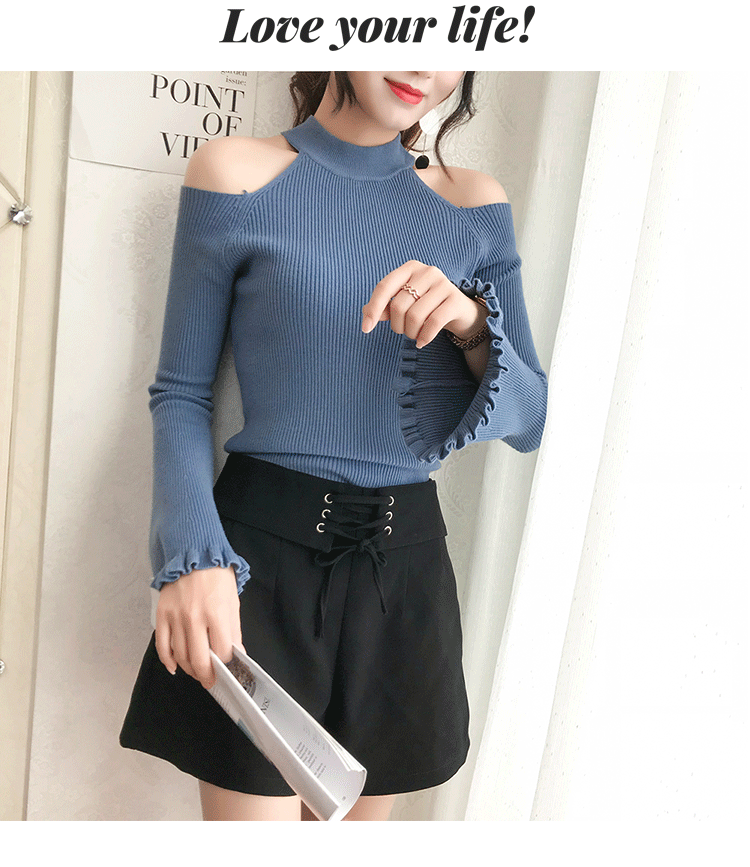 Mùa thu đông mới màu rắn cổ tròn treo cổ quây sừng áo len dài tay nữ Slim áo len học sinh mỏng áo gile hàn