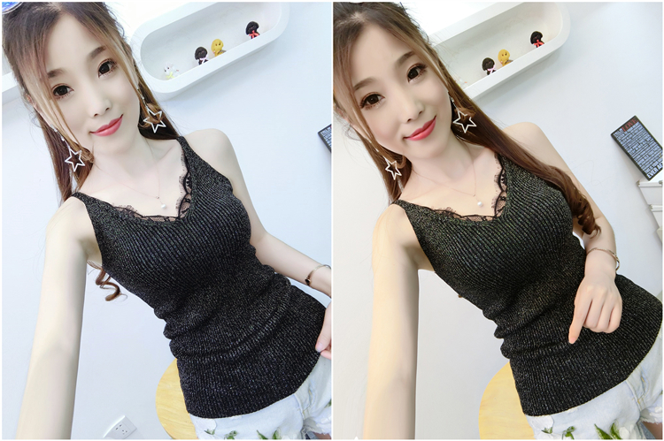 Mùa hè lông mi ren móc hoa cổ chữ V sáng lụa đan áo yếm nữ ngắn đoạn bên trong mặc áo không tay chạm đáy shop thời trang nữ