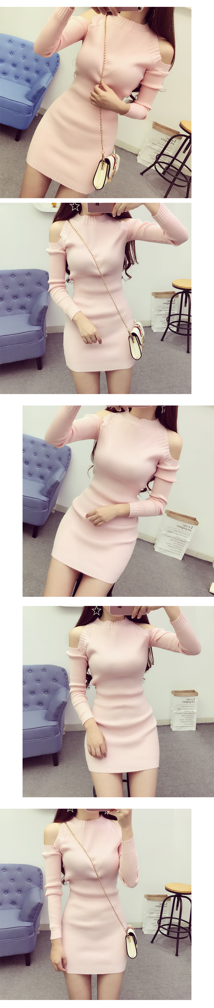 Mùa thu đông mới phiên bản Hàn Quốc của cổ tròn quây rỗng áo dài tay đan nữ áo len dài túi đeo hông 	váy hạ eo	