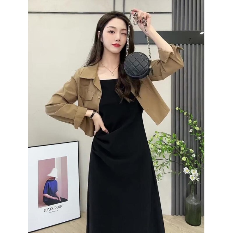 Milk-Style Outfit, Spring and Autumn Short Shirt Jacket, Suspender Skirt Suit, Fashionable Age-Reducing Slimming Dress Two-Piece Set