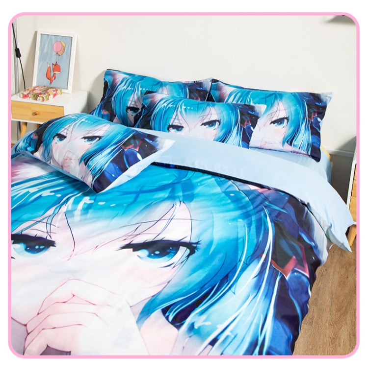 Yếu tố thứ hai dễ thương phim hoạt hình phim hoạt hình Hatsune Miku ký túc xá Double Double quilt một gia đình bốn - Bộ đồ giường bốn mảnh bộ ga gối everon