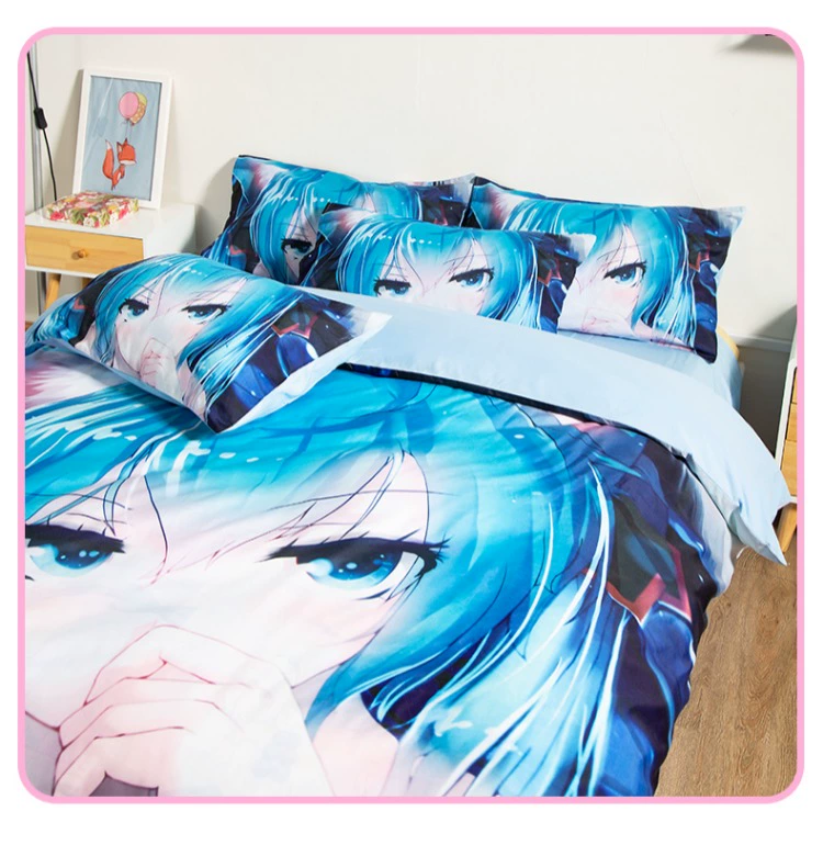 Yếu tố thứ hai dễ thương phim hoạt hình phim hoạt hình Hatsune Miku ký túc xá Double Double quilt một gia đình bốn - Bộ đồ giường bốn mảnh