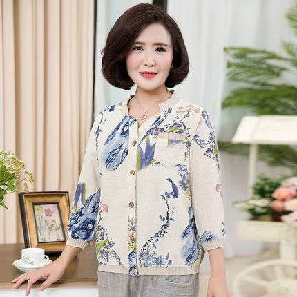 2018春装上衣女外套棉麻七分袖开衫t恤40岁5