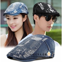 Japanese casual fashion wide eaves denim hole beret female retro gap duck tongue hat men summer Universal