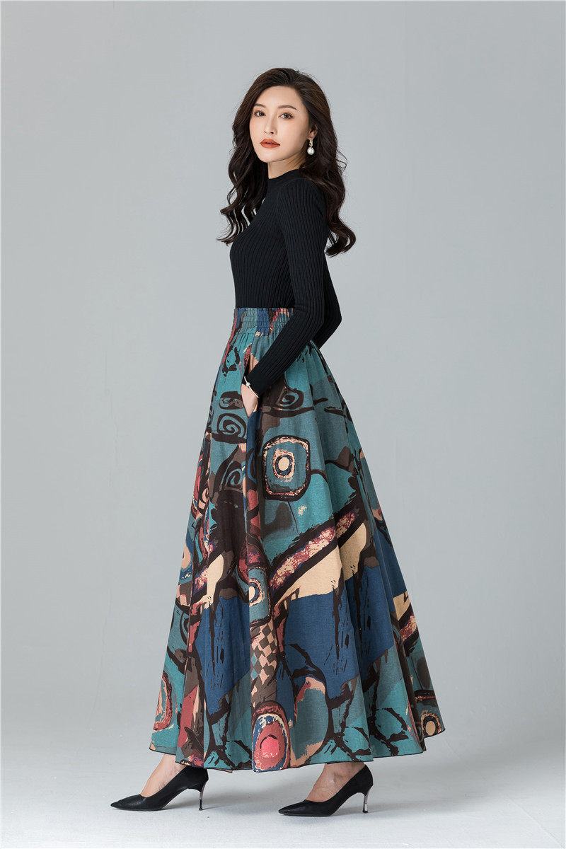 Female Cotton Linen Autumn Vintage Plus Size a-line High Waist National Fashion Big Flower Maxi Ladies Skirts for Womens